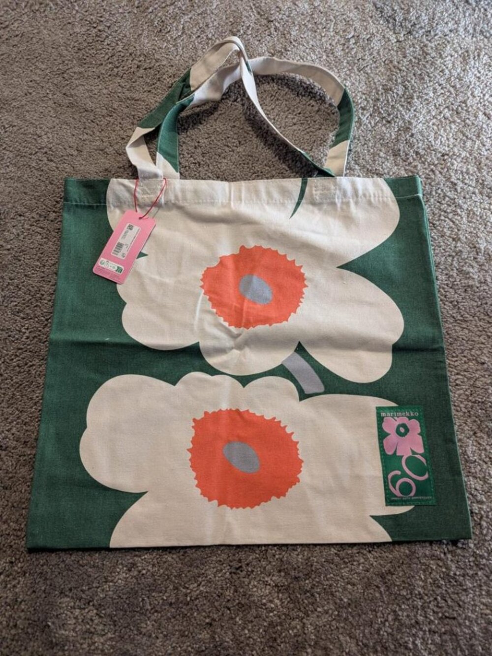 Marimekko Unikko 60th Anniversary Cotton Tote Bag Green Orange Cream